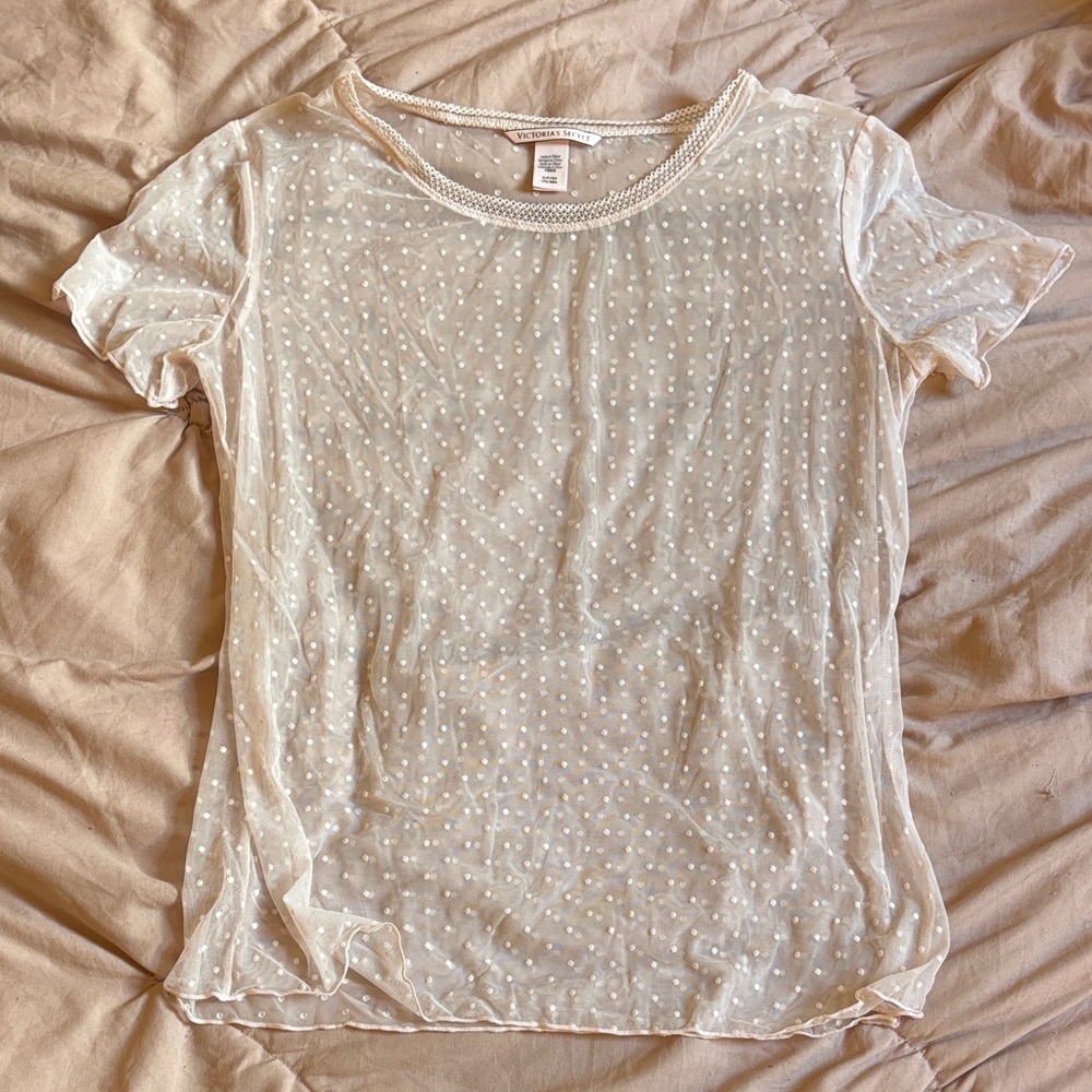 Victoria's Secret Cream Sheer Dot Mesh Short Sleeve Tee